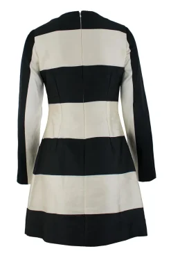 Black and off-white silk and cotton blend long-sleeved knee-length dress with striped pattern