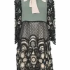 Black and olive acetate-blend tie-neck dagger collar cropped sleeve illusion mini dress with scalloped guipure lace inserts