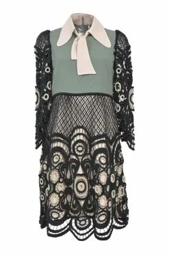 Black and olive acetate-blend tie-neck dagger collar cropped sleeve illusion mini dress with scalloped guipure lace inserts