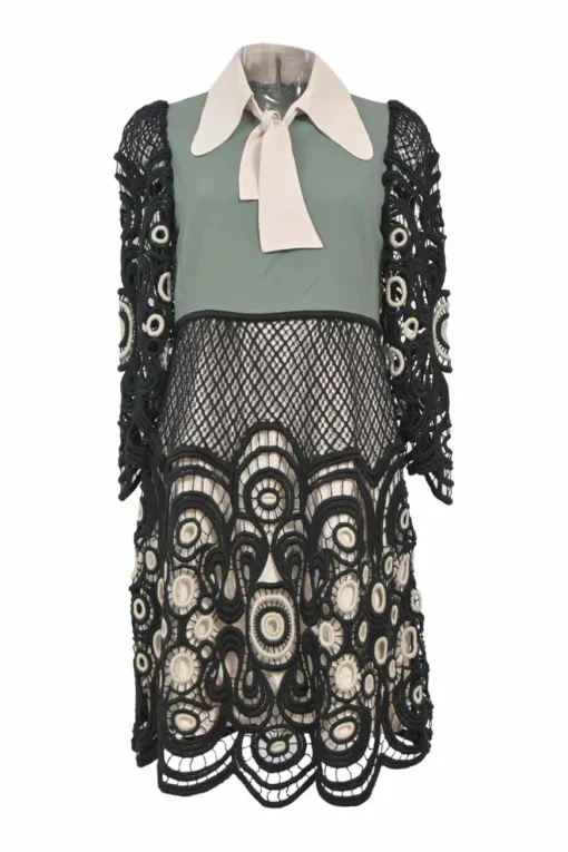 Black and olive acetate-blend tie-neck dagger collar cropped sleeve illusion mini dress with scalloped guipure lace inserts