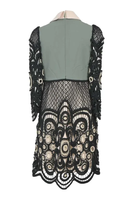 Black and olive acetate-blend tie-neck dagger collar cropped sleeve illusion mini dress with scalloped guipure lace inserts