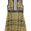 Black and olive mixed media quilted wool-blend bouclé tweed and crinkled calfskin half-zip pullover mini dress