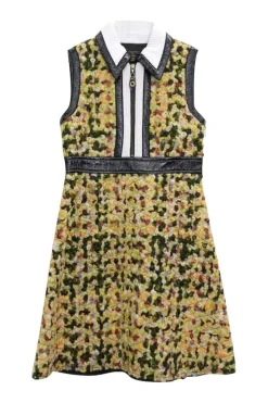 Black and olive mixed media quilted wool-blend bouclé tweed and crinkled calfskin half-zip pullover mini dress