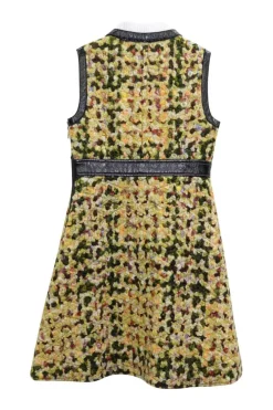 Black and olive mixed media quilted wool-blend bouclé tweed and crinkled calfskin half-zip pullover mini dress