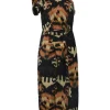 Black and orange draped cotton abstract Batik jacquard one-shoulder handmade sheath dress