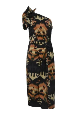 Black and orange draped cotton abstract Batik jacquard one-shoulder handmade sheath dress