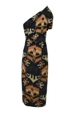 Black and orange draped cotton abstract Batik jacquard one-shoulder handmade sheath dress
