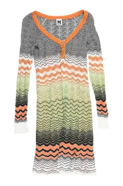 Black and orange polyester-blend scoop neck warp knit pointelle pullover shift dress with flounce hem