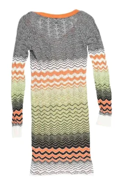 Black and orange polyester-blend scoop neck warp knit pointelle pullover shift dress with flounce hem