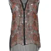 Black and orange semi-sheer viscose sleeveless button-front shirt with floral motif along front panels