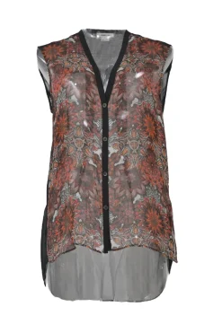 Black and orange semi-sheer viscose sleeveless button-front shirt with floral motif along front panels