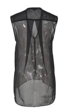 Black and orange semi-sheer viscose sleeveless button-front shirt with floral motif along front panels