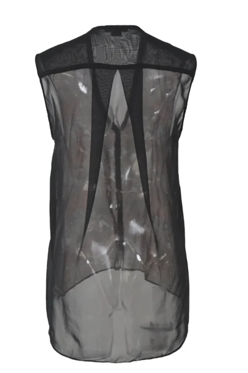 Black and orange semi-sheer viscose sleeveless button-front shirt with floral motif along front panels