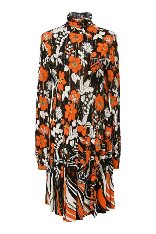 Black and orange viscose jersey floral print high-neck long sleeve drop-waist shift dress