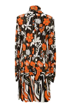 Black and orange viscose jersey floral print high-neck long sleeve drop-waist shift dress