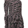Black and pink floral print one-shoulder mini dress with single flounce cuff sleeve and ruffle-tiered skirt
