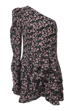 Black and pink floral print one-shoulder mini dress with single flounce cuff sleeve and ruffle-tiered skirt