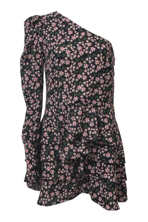 Black and pink floral print one-shoulder mini dress with single flounce cuff sleeve and ruffle-tiered skirt