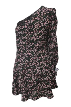 Black and pink floral print one-shoulder mini dress with single flounce cuff sleeve and ruffle-tiered skirt