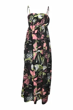 Black and pink polyester-blend abstract floral print tucked maxi dress