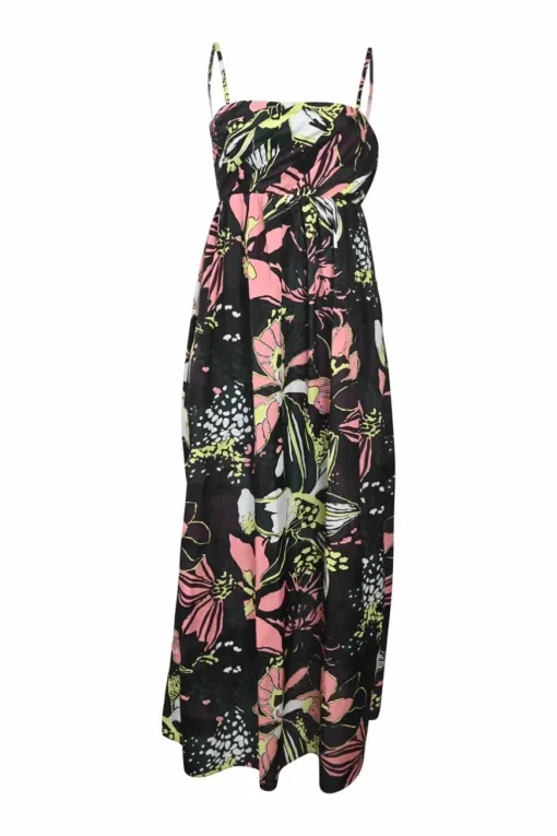 Black and pink polyester-blend abstract floral print tucked maxi dress