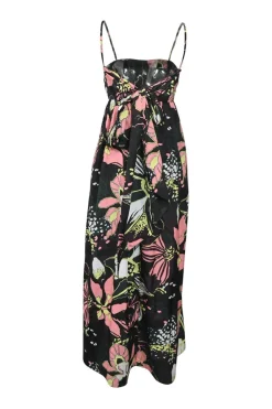 Black and pink polyester-blend abstract floral print tucked maxi dress