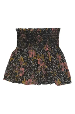 Black and pink silk Jessy ditsy floral print pull-on mini skirt with smocked waistband