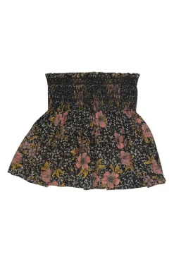 Black and pink silk Jessy ditsy floral print pull-on mini skirt with smocked waistband