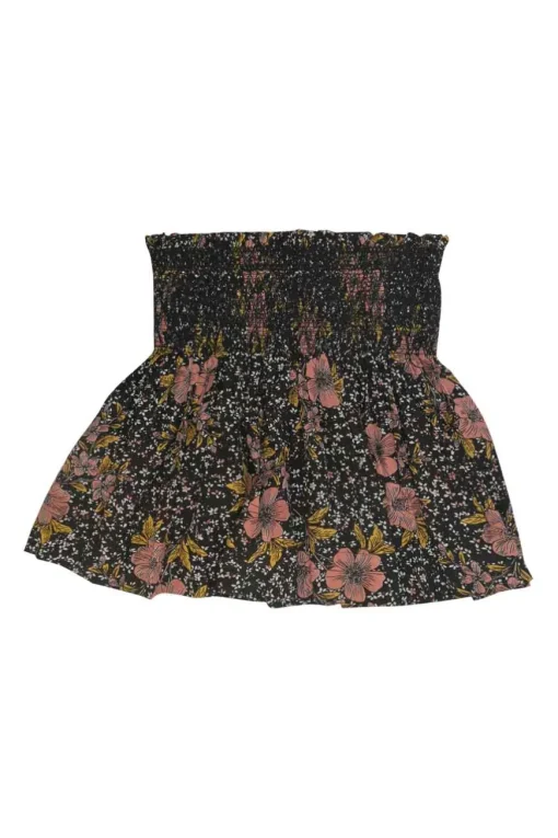 Black and pink silk Jessy ditsy floral print pull-on mini skirt with smocked waistband
