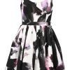 Black and plum polyester faille skater dress featuring watercolour graffiti motif