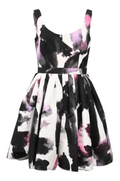 Black and plum polyester faille skater dress featuring watercolour graffiti motif