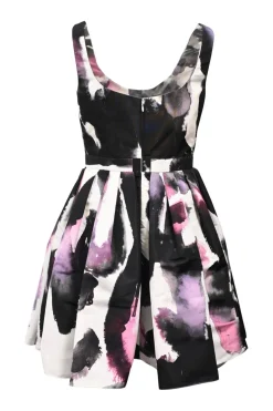 Black and plum polyester faille skater dress featuring watercolour graffiti motif