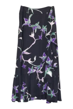 Black and purple crêpe pull-on wrap-front midi Jazzy cascade drape skirt featuring floral motif