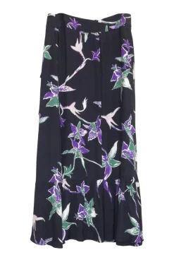 Black and purple crêpe pull-on wrap-front midi Jazzy cascade drape skirt featuring floral motif