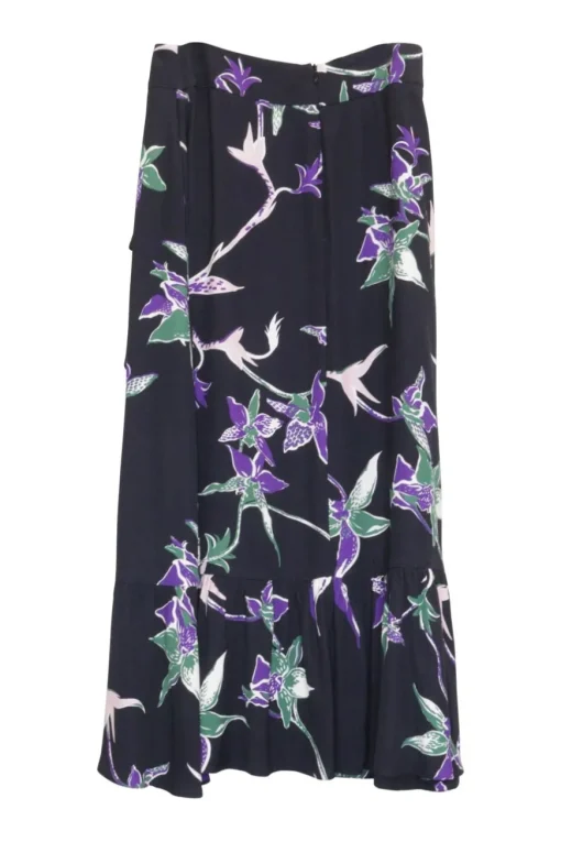 Black and purple crêpe pull-on wrap-front midi Jazzy cascade drape skirt featuring floral motif