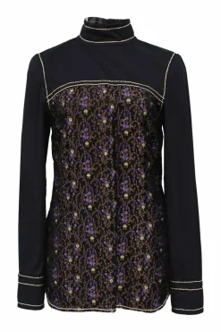 Black and purple paneled linen and silk high-collar blouse featuring floral jacquard insert and contrast topstitching details