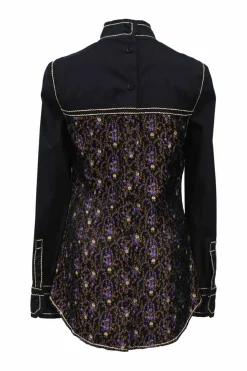Black and purple paneled linen and silk high-collar blouse featuring floral jacquard insert and contrast topstitching details