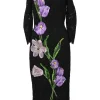 Black and purple viscose-blend semi-sheer embroidered eyelash floral lace bateau neck long sleeve sheath dress