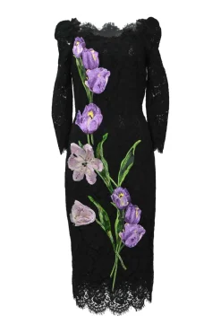Black and purple viscose-blend semi-sheer embroidered eyelash floral lace bateau neck long sleeve sheath dress