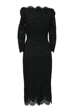 Black and purple viscose-blend semi-sheer embroidered eyelash floral lace bateau neck long sleeve sheath dress