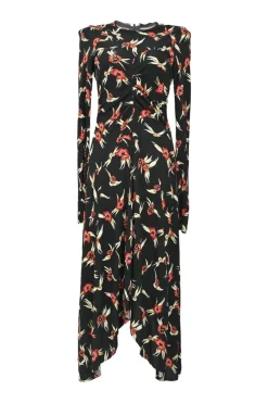 Black and red bias-cut viscose floral print ruched jersey knit long sleeve midi dress with handkerchief skirt
