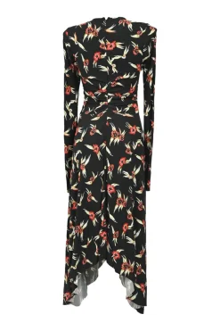 Black and red bias-cut viscose floral print ruched jersey knit long sleeve midi dress with handkerchief skirt
