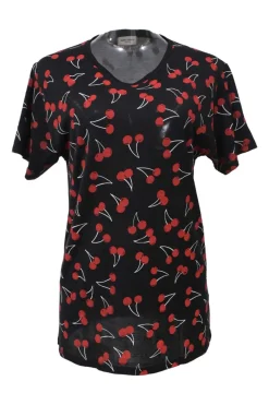 Black and red cherry cotton jersey graphic crewneck pullover T-Shirt featuring novelty cherry print