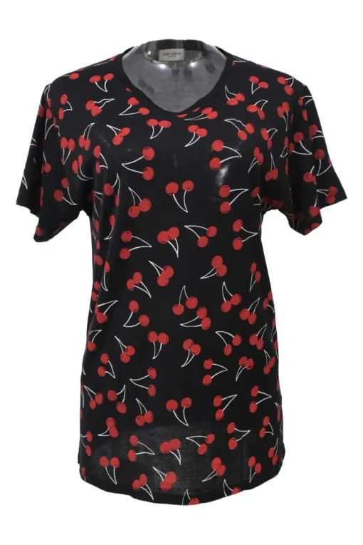 Black and red cherry cotton jersey graphic crewneck pullover T-Shirt featuring novelty cherry print