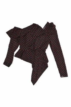 Black and red draped polyester floral-embroidered off-shoulder ruffle top with cascading sash hem