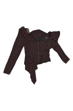 Black and red draped polyester floral-embroidered off-shoulder ruffle top with cascading sash hem
