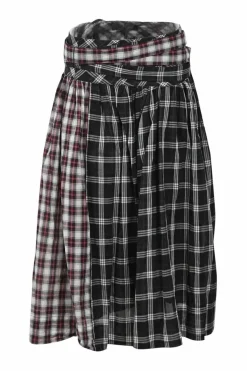 Black and red paneled Tartan pull-on high-rise midi skirt with draped waistband