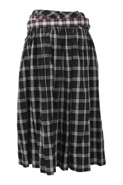 Black and red paneled Tartan pull-on high-rise midi skirt with draped waistband