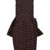 Black and red polyester floral jacquard high-collar peplum dress with marabou feather appliqué