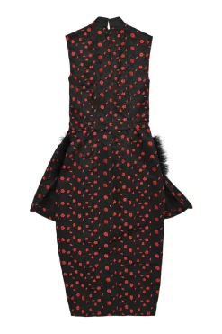Black and red polyester floral jacquard high-collar peplum dress with marabou feather appliqué